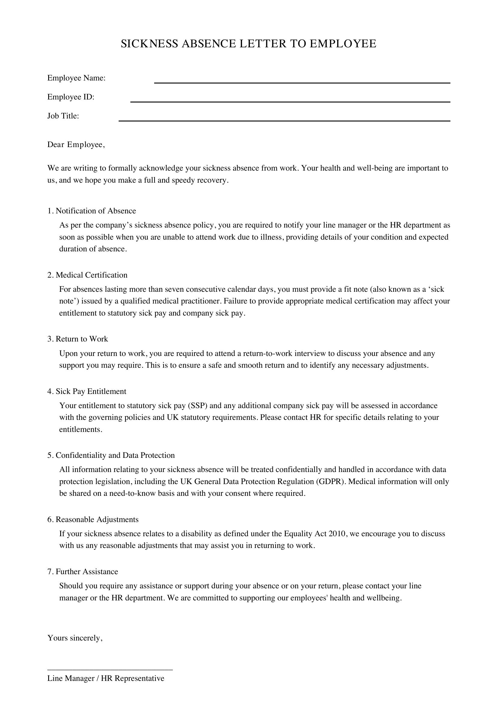 Sickness Absence Letter To Employee Template - UK