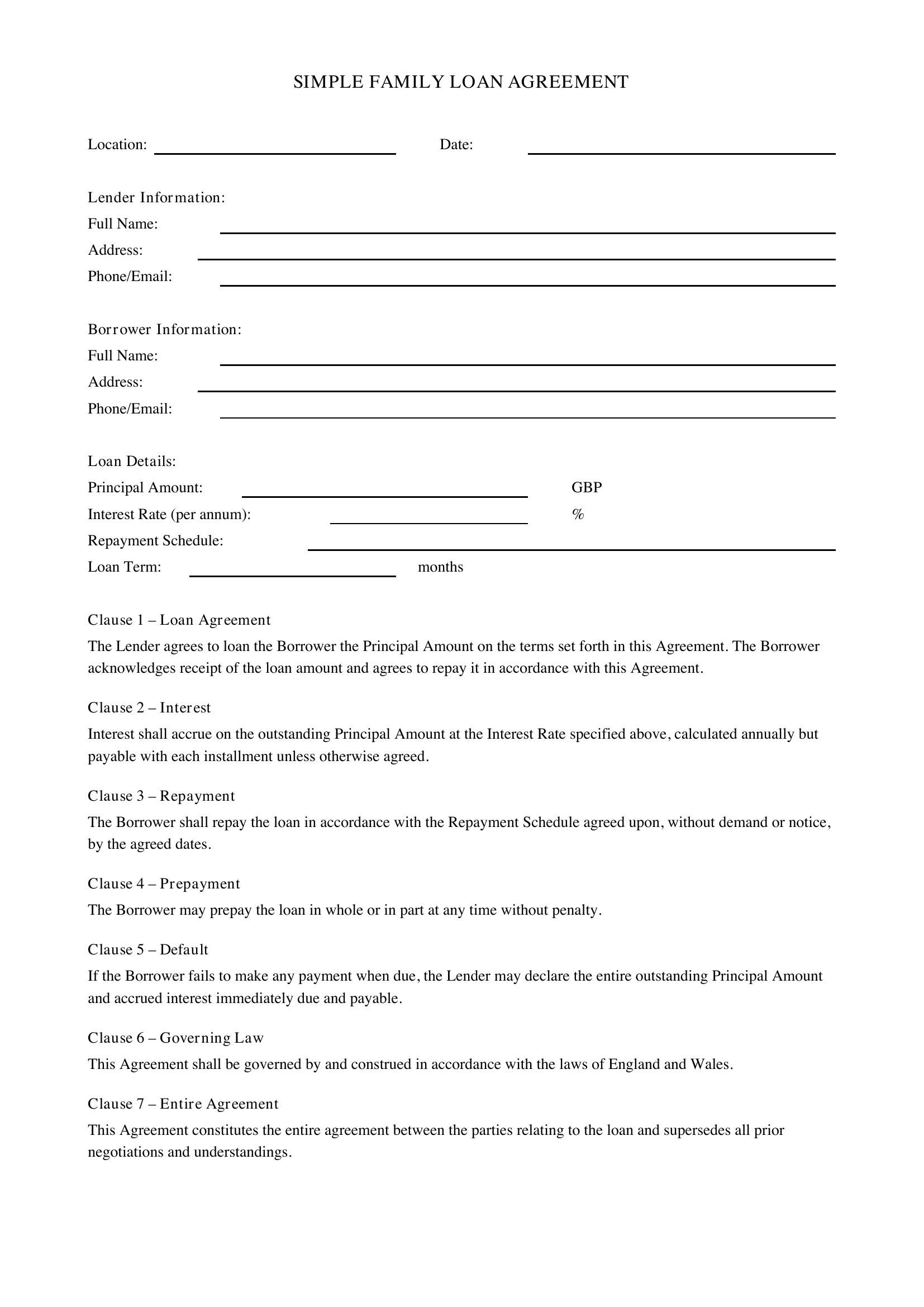 Simple Family Loan Agreement Template - UK