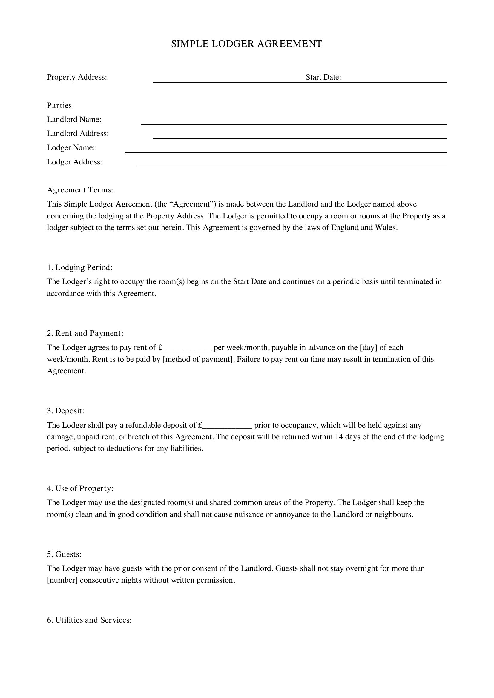 Simple Lodger Agreement Template - UK