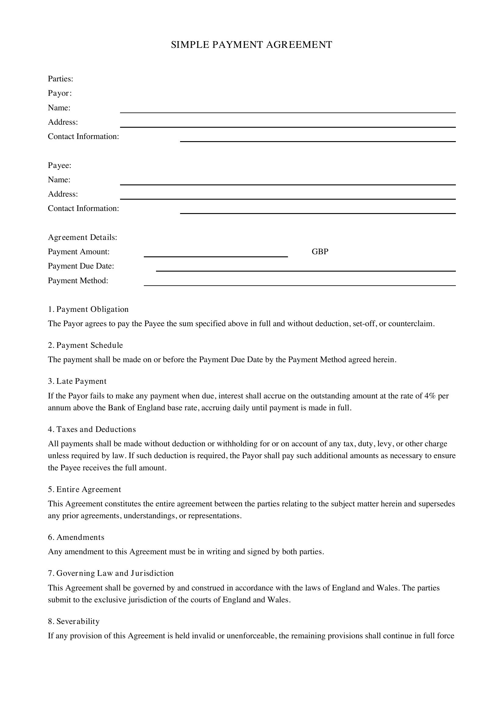 Simple Payment Agreement Template - UK