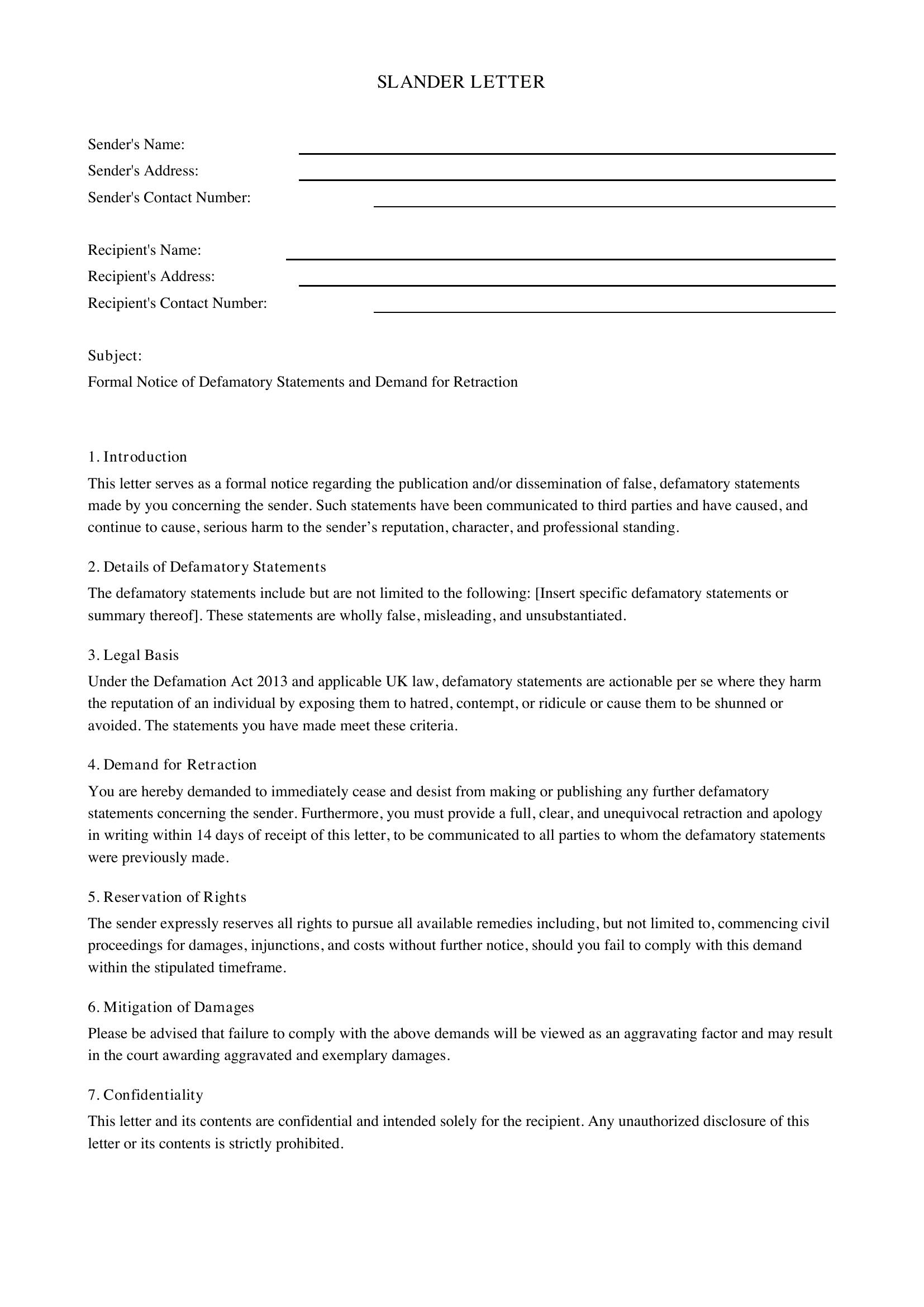 Slander Letter Template - UK