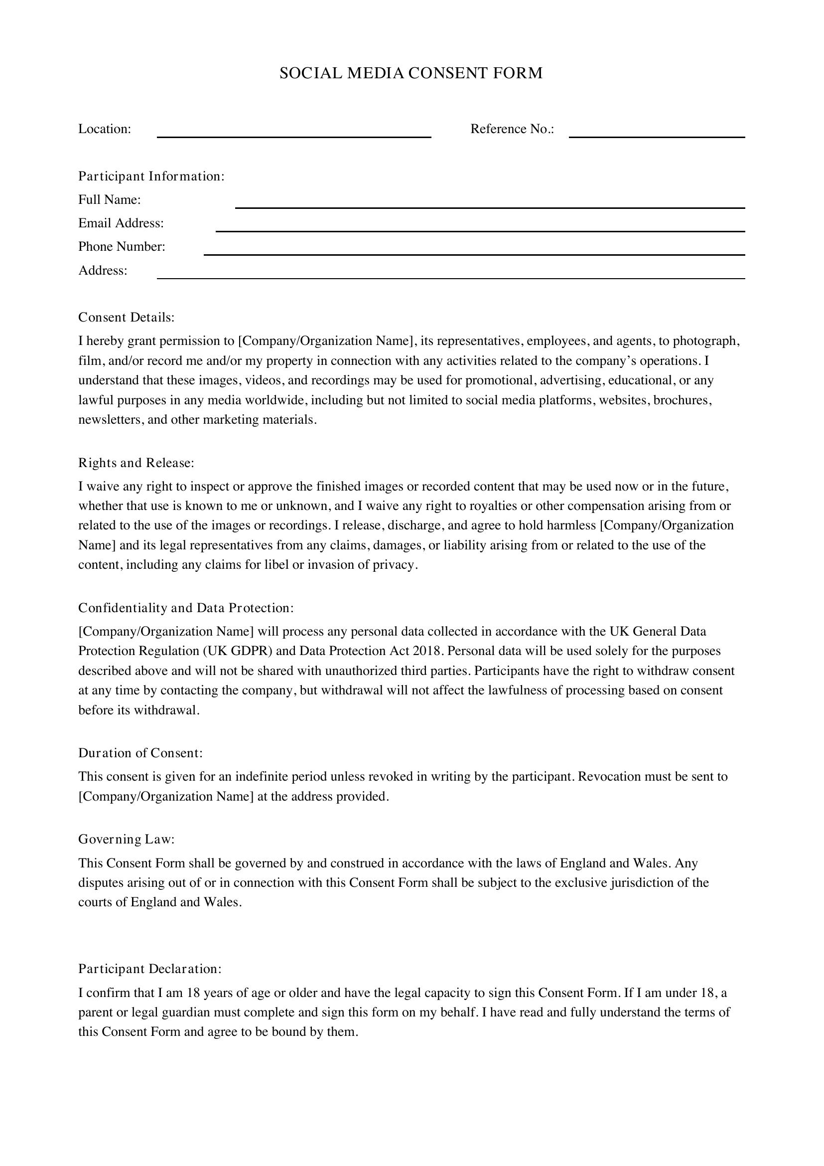 Social Media Consent Form Template - UK