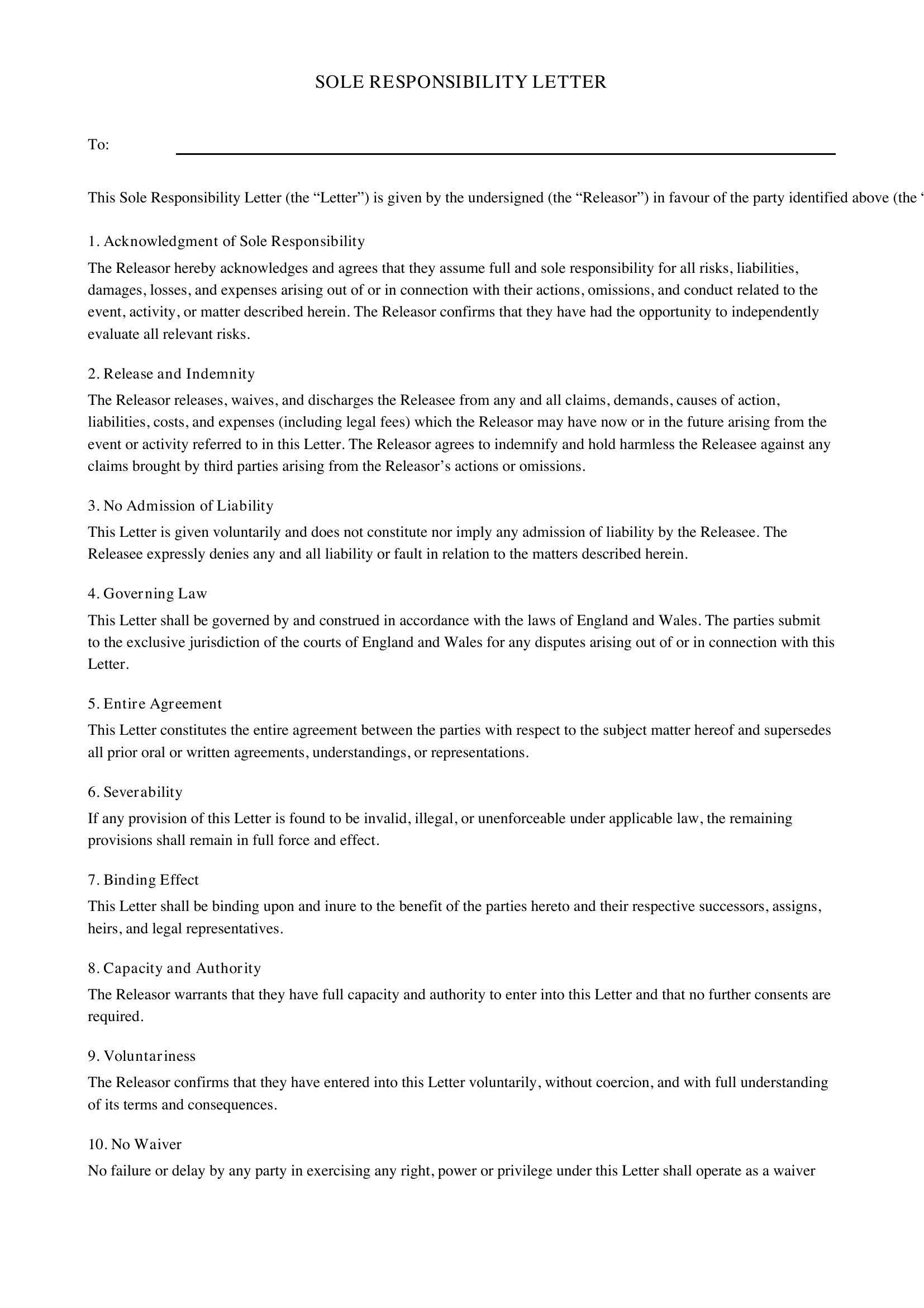 Sole Responsibility Letter Template - UK