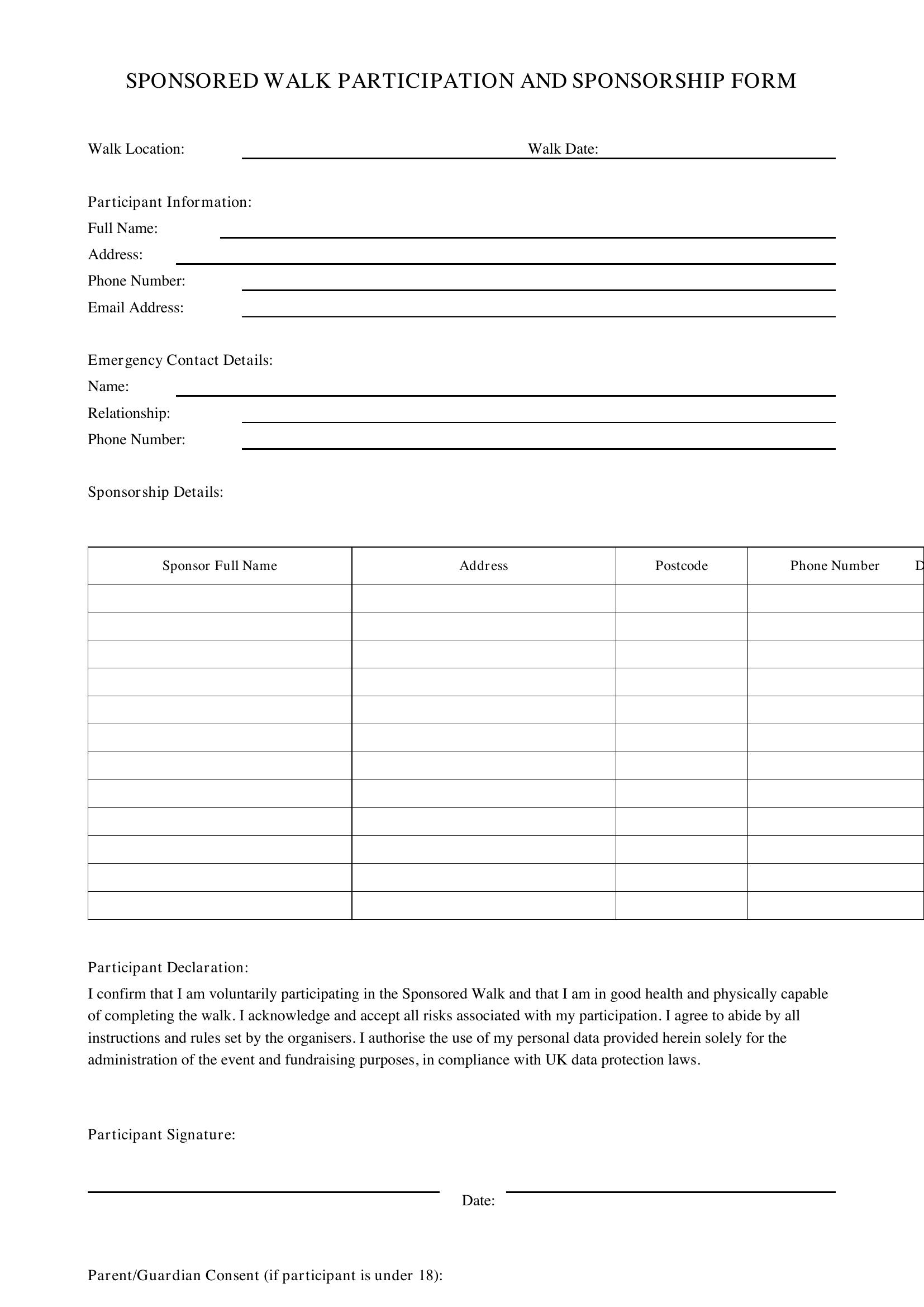 Sponsored Walk Form Template - UK