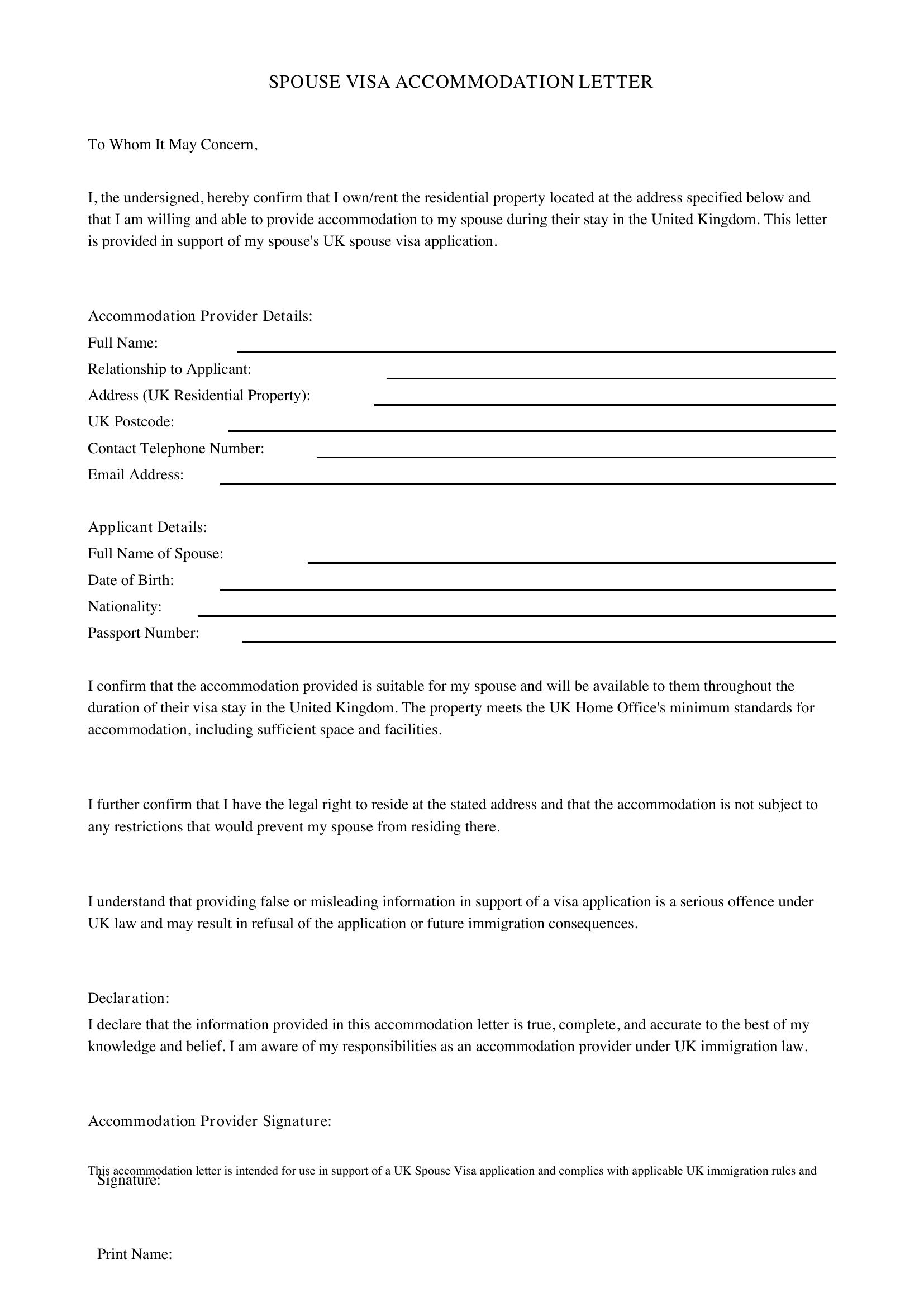 Spouse Visa Accommodation Letter Template - UK