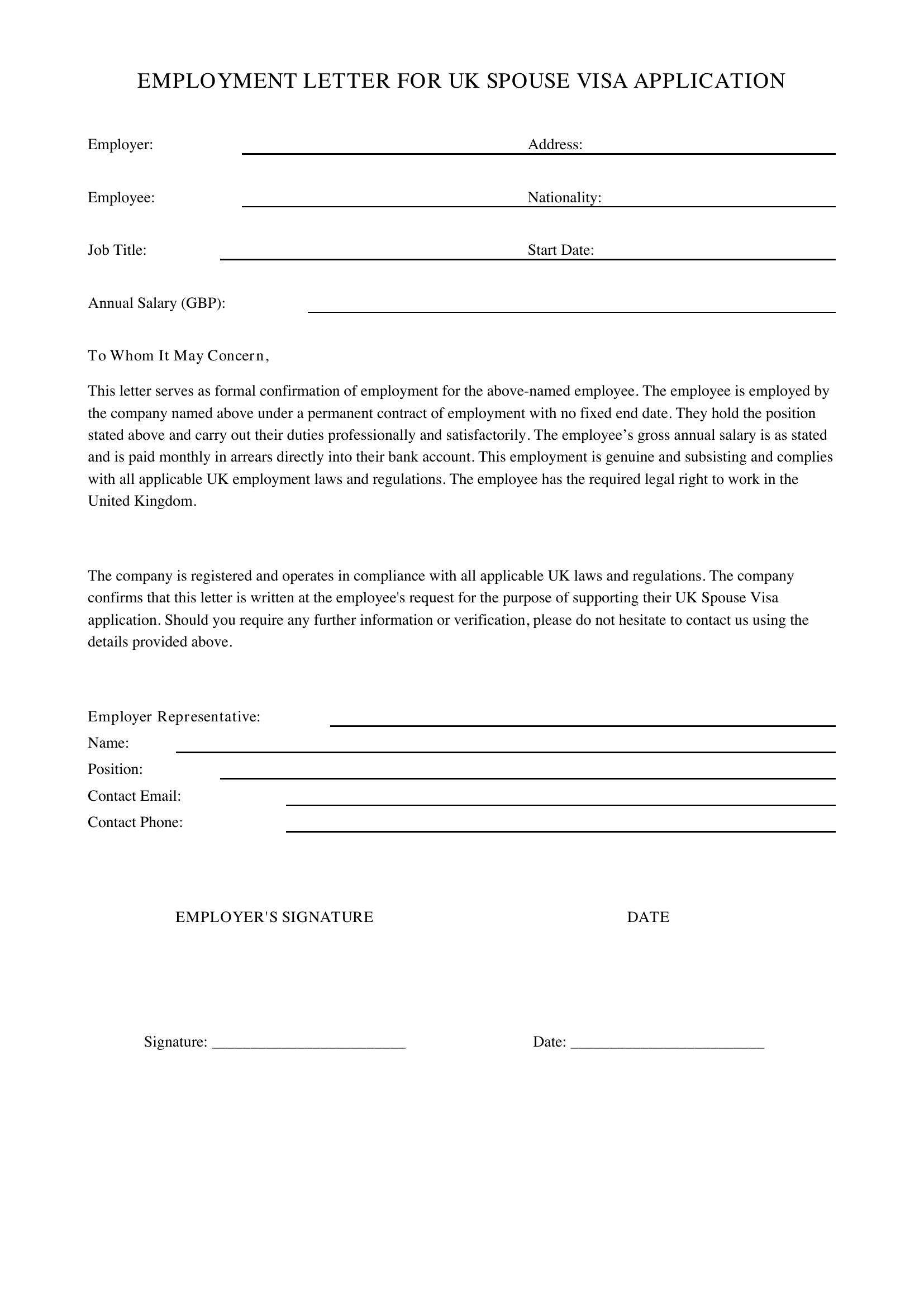 Spouse Visa Employment Letter Template - UK