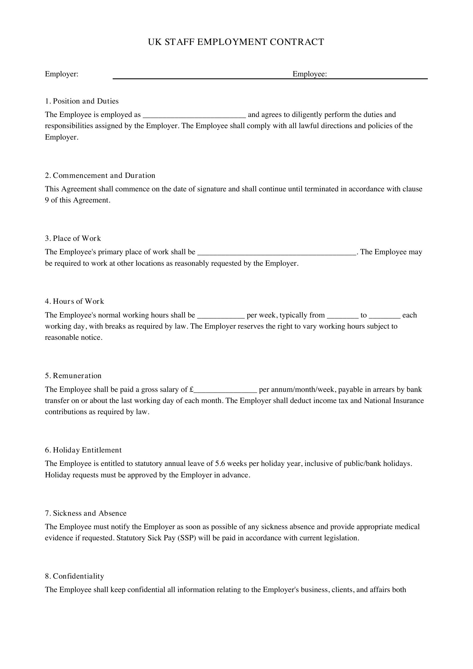 Staff Contract Template - UK