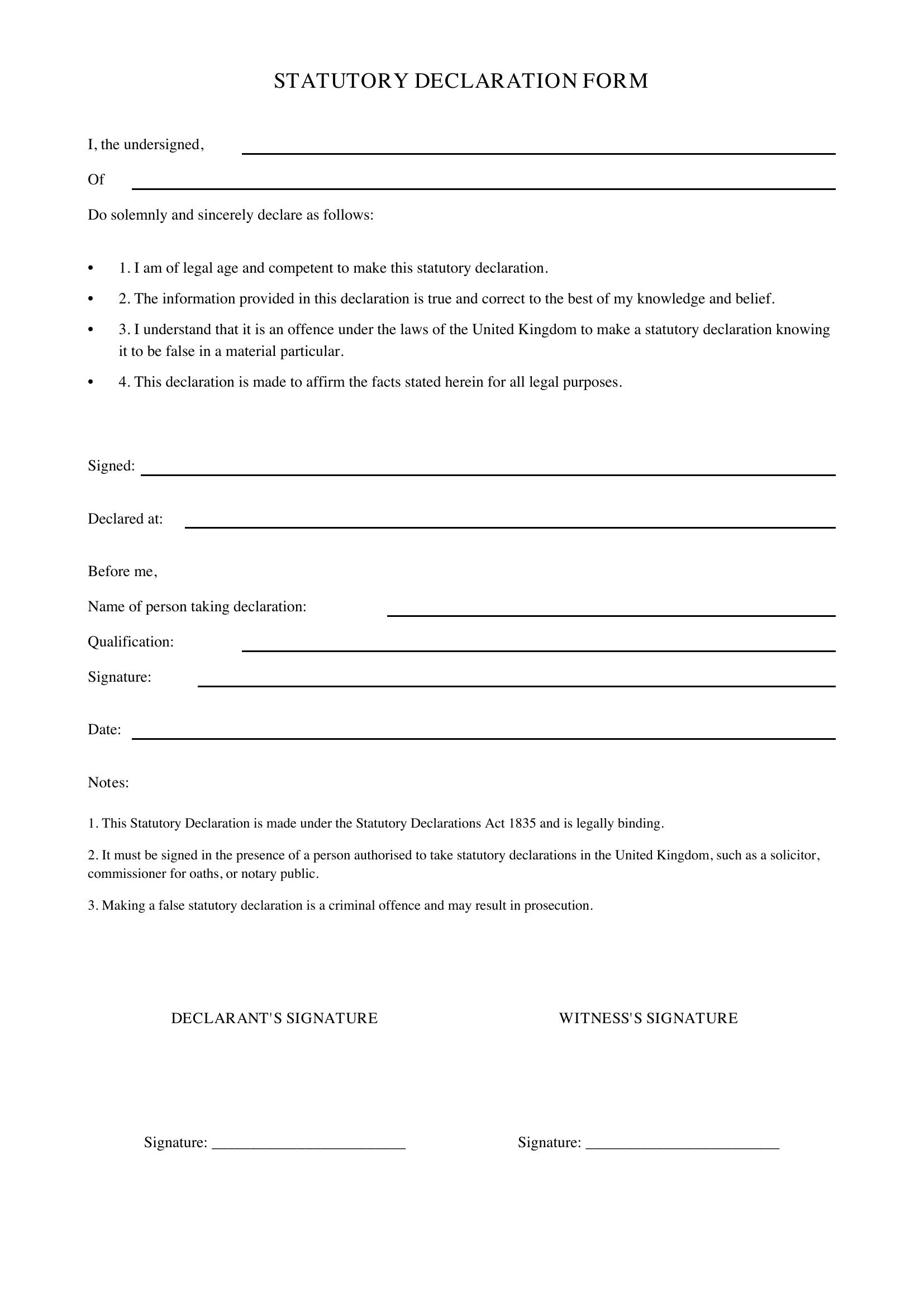 Statutory Declaration Form Template - UK