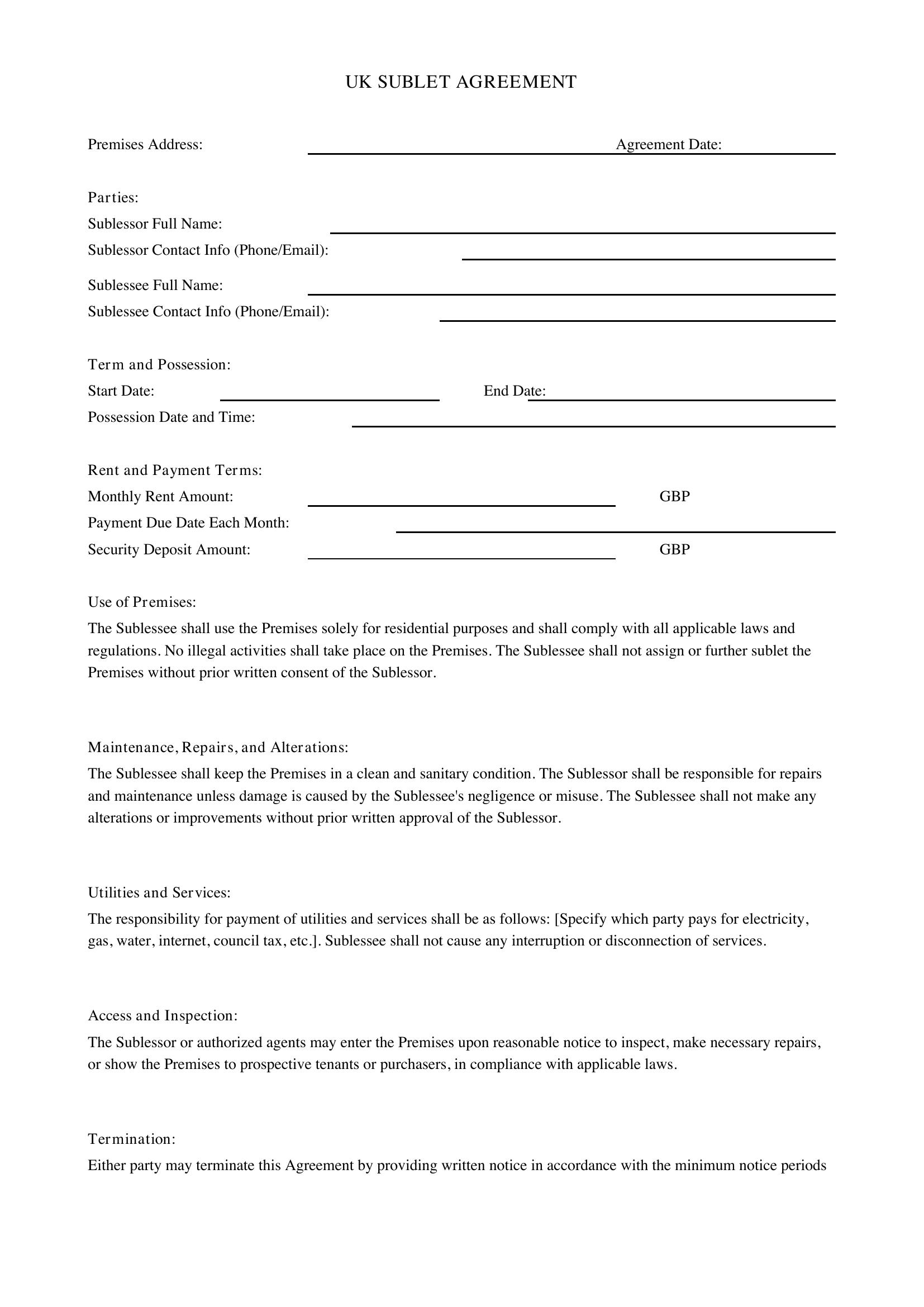 Sublet Agreement Template - UK