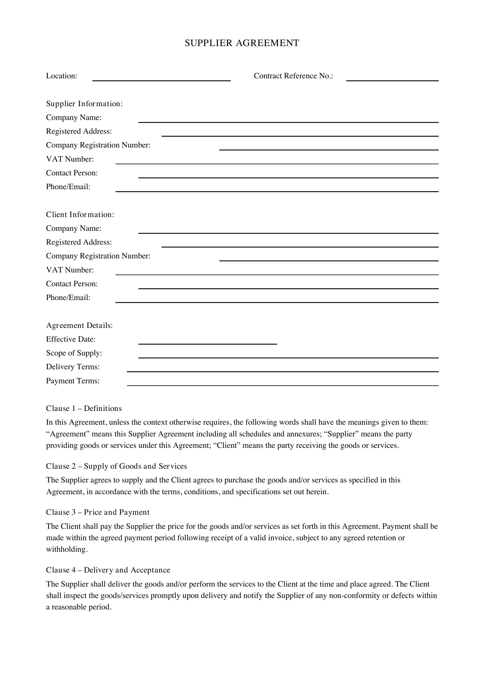 Supplier Agreement Template - UK