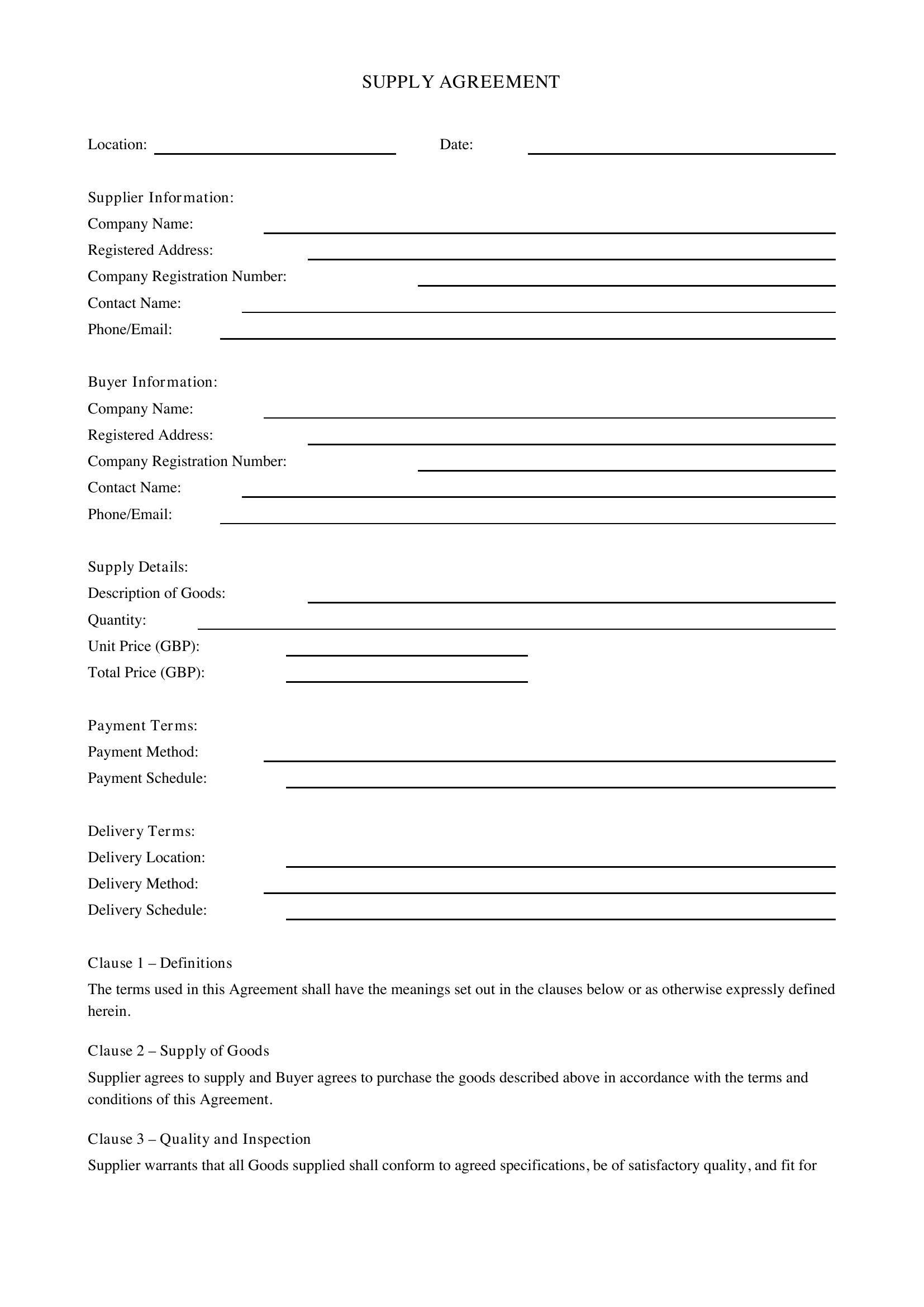 Supply Agreement Template - UK
