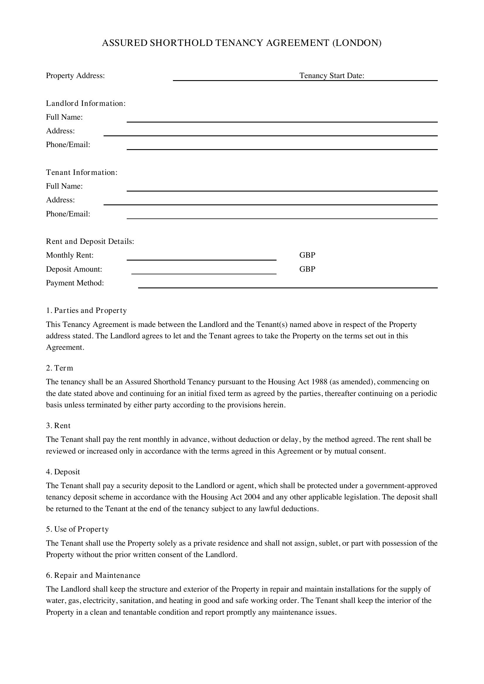 Tenancy Agreement London Template - UK