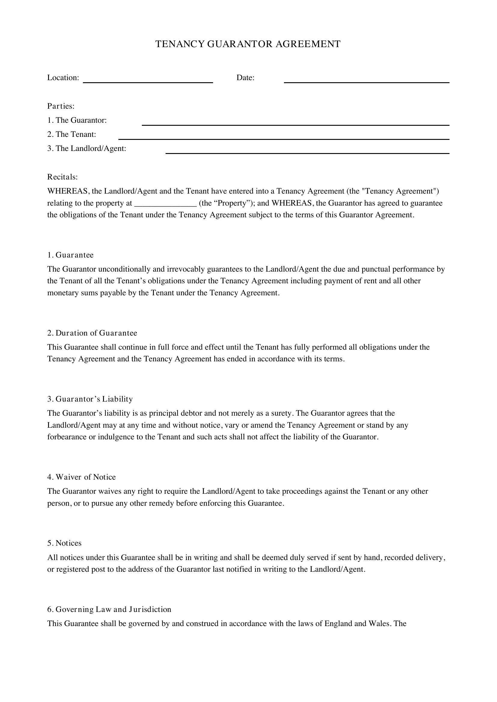 Tenancy Guarantor Agreement Template - UK