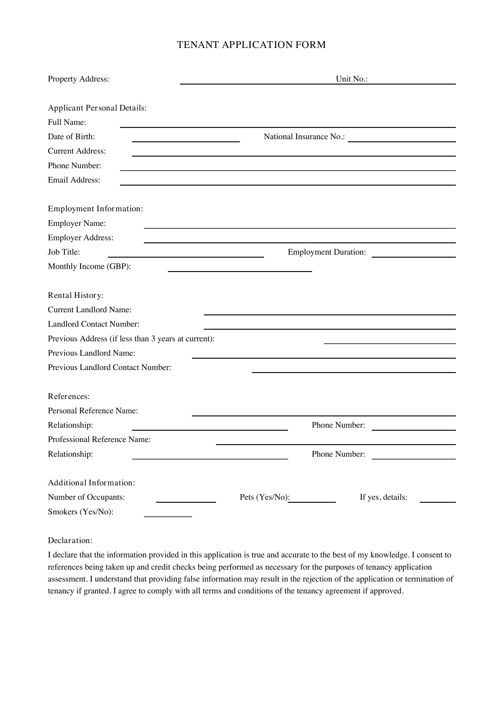 Tenant Application Form Template - UK