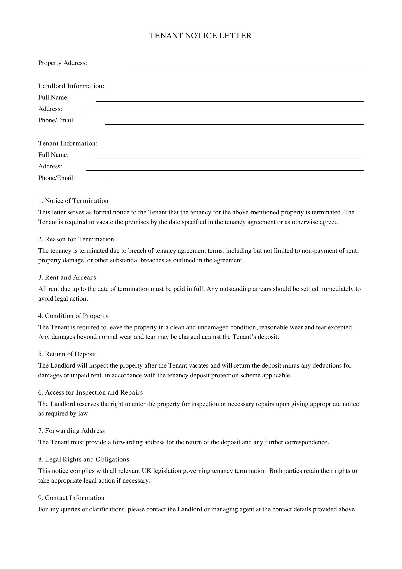 Tenant Notice Letter Template - UK