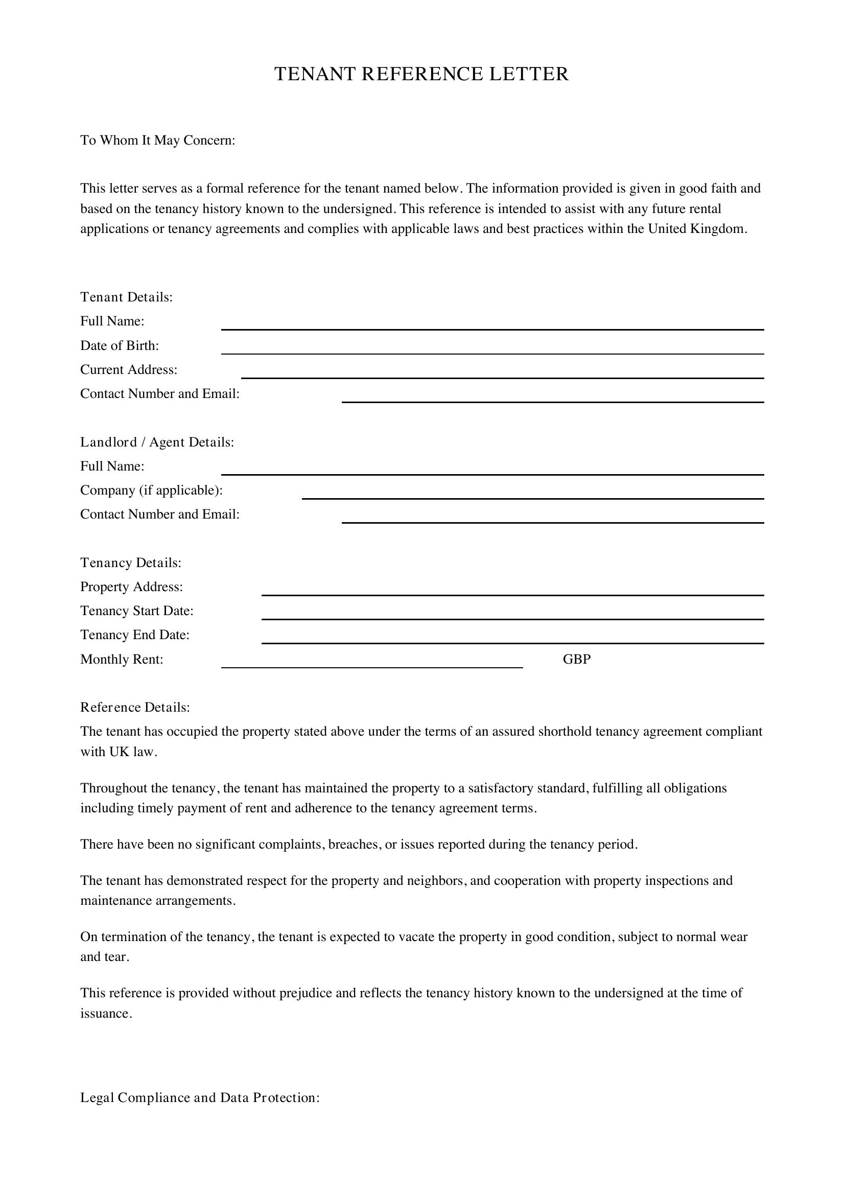 Tenant Reference Letter Template - UK