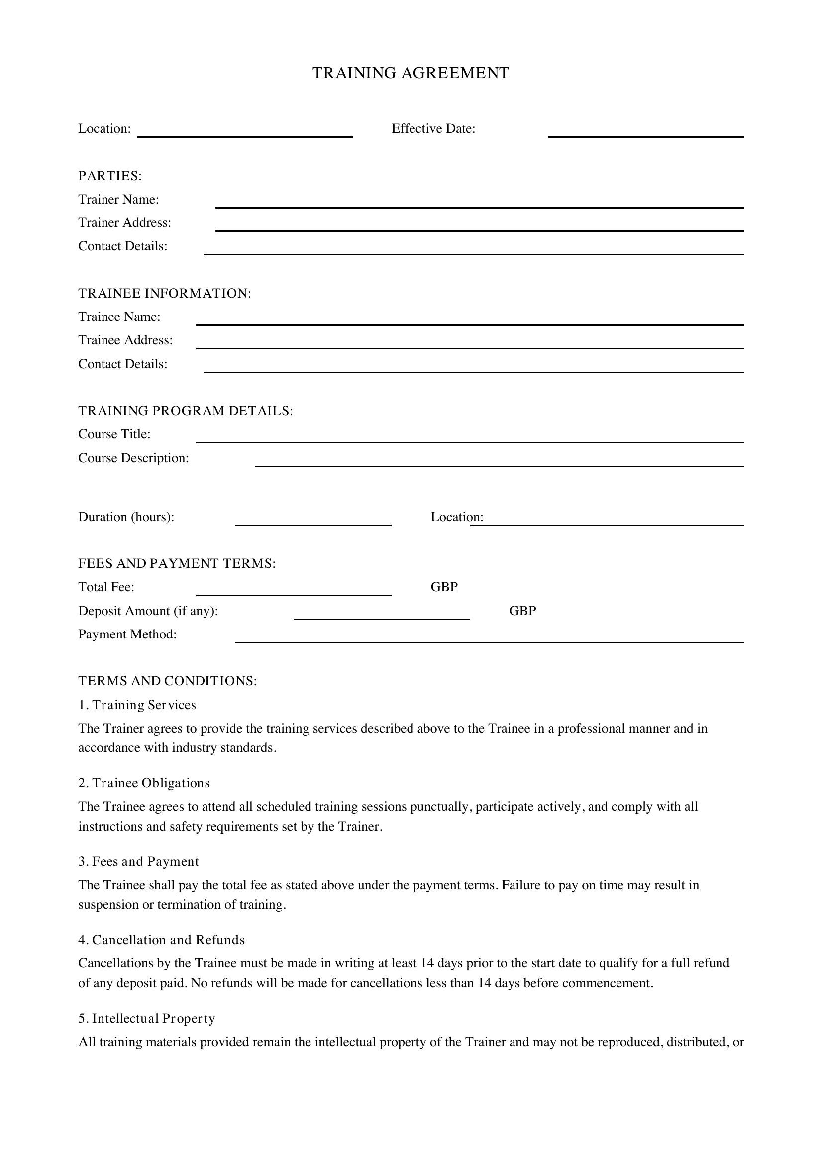 Training Agreement Template - UK