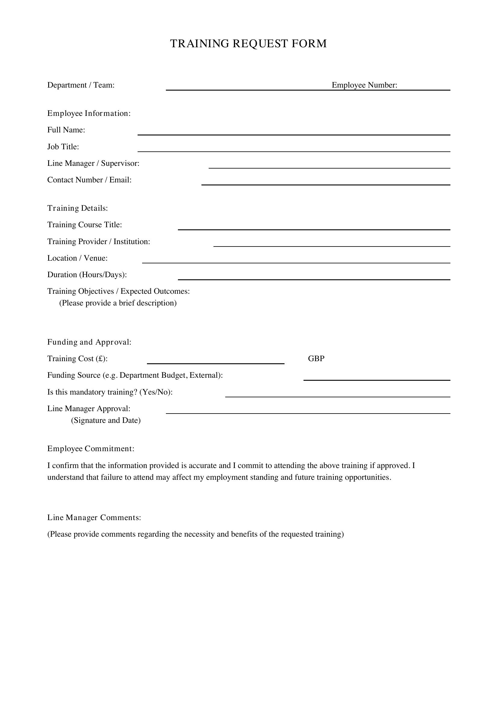 Training Request Form Template - UK