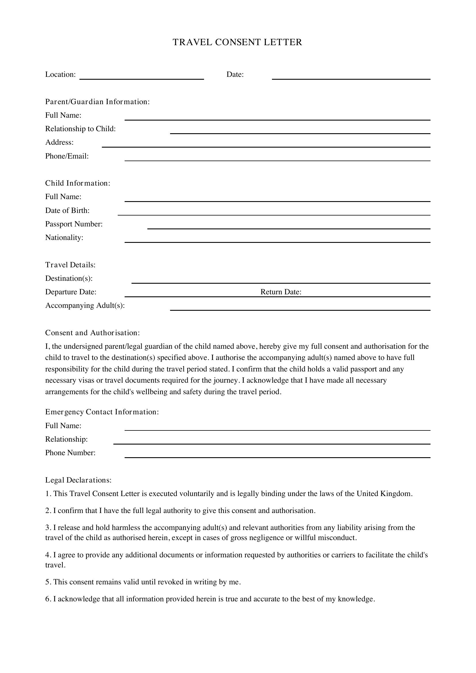 Travel Consent Letter Template - UK