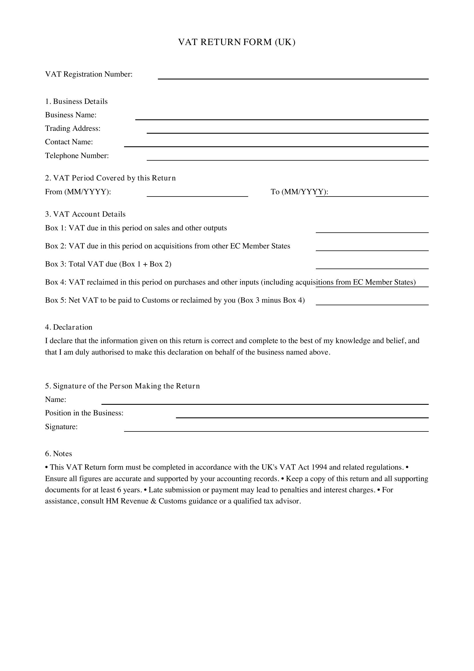 Vat Return Form Template - UK