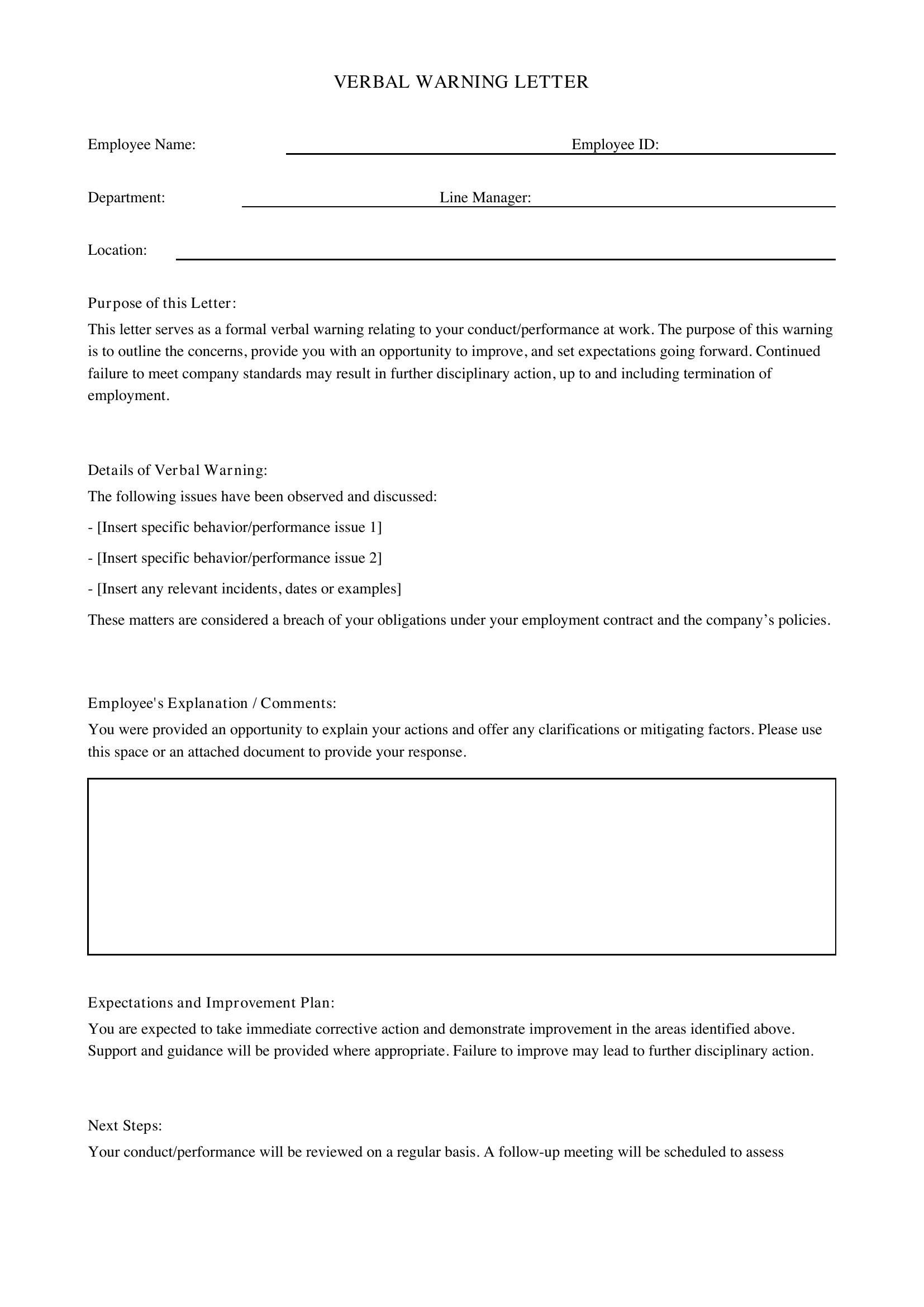 Verbal Warning Letter Template - UK