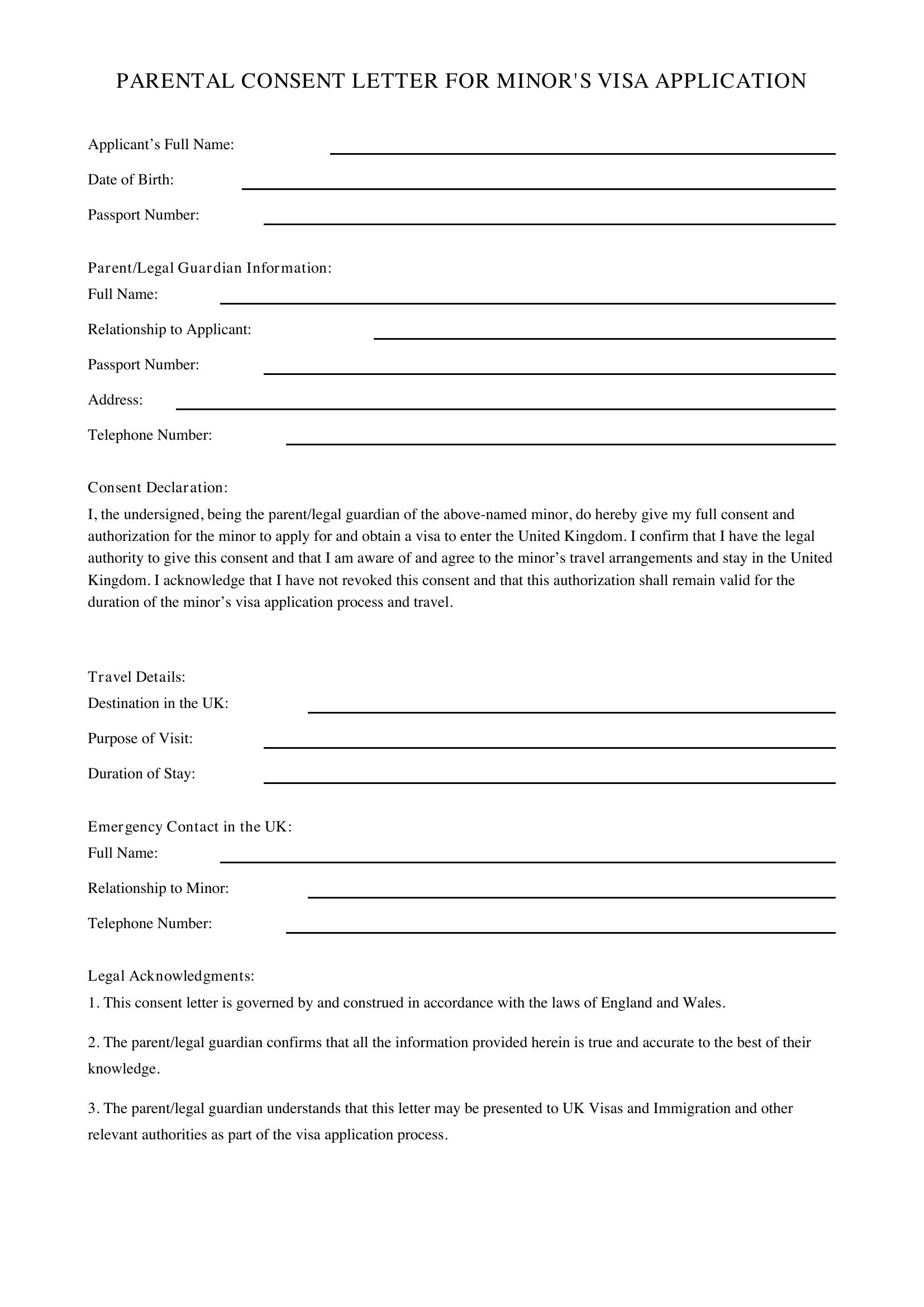 Visa Parent Consent Letter Template - UK