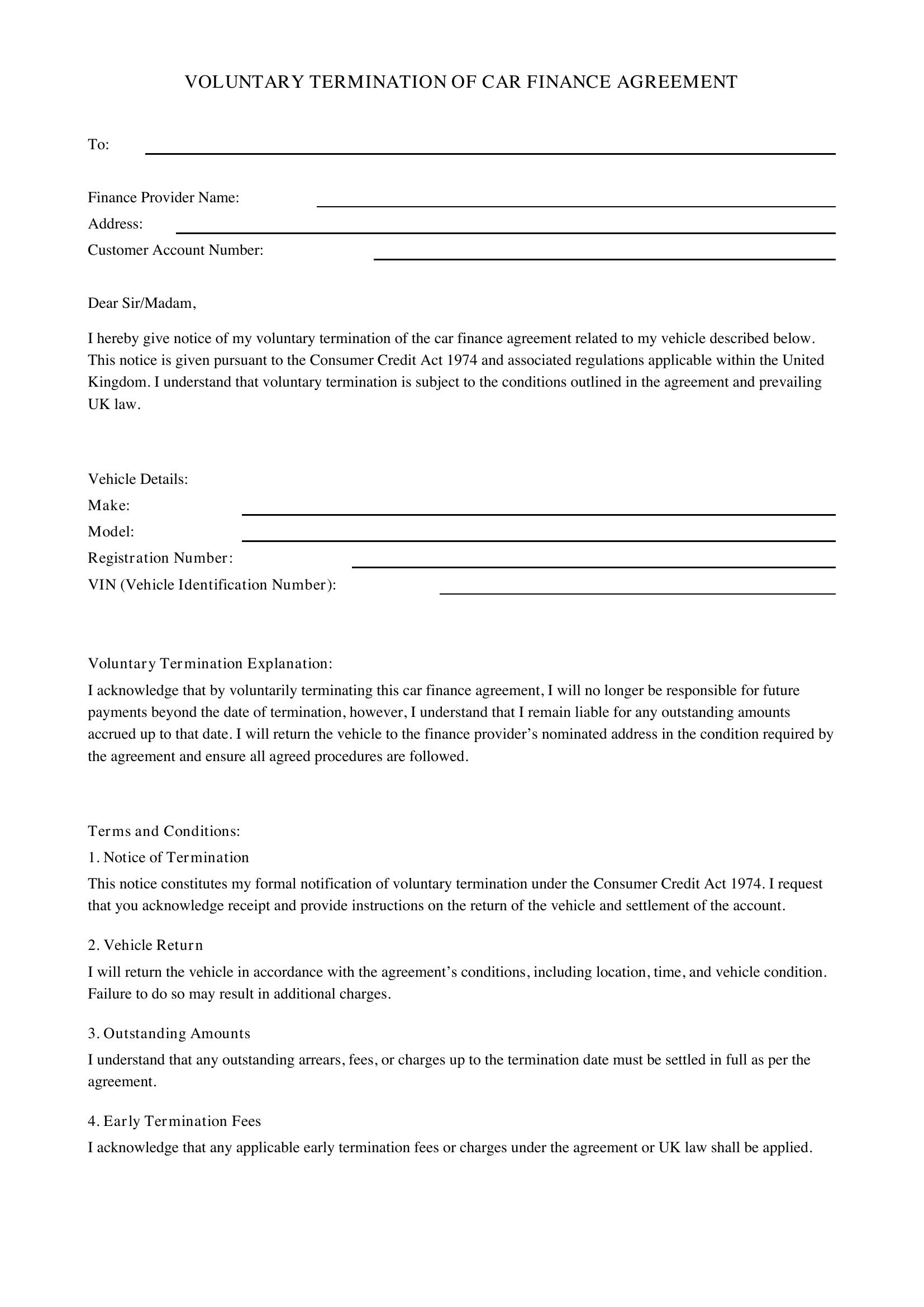 Voluntary Termination Car Finance Letter Template - UK