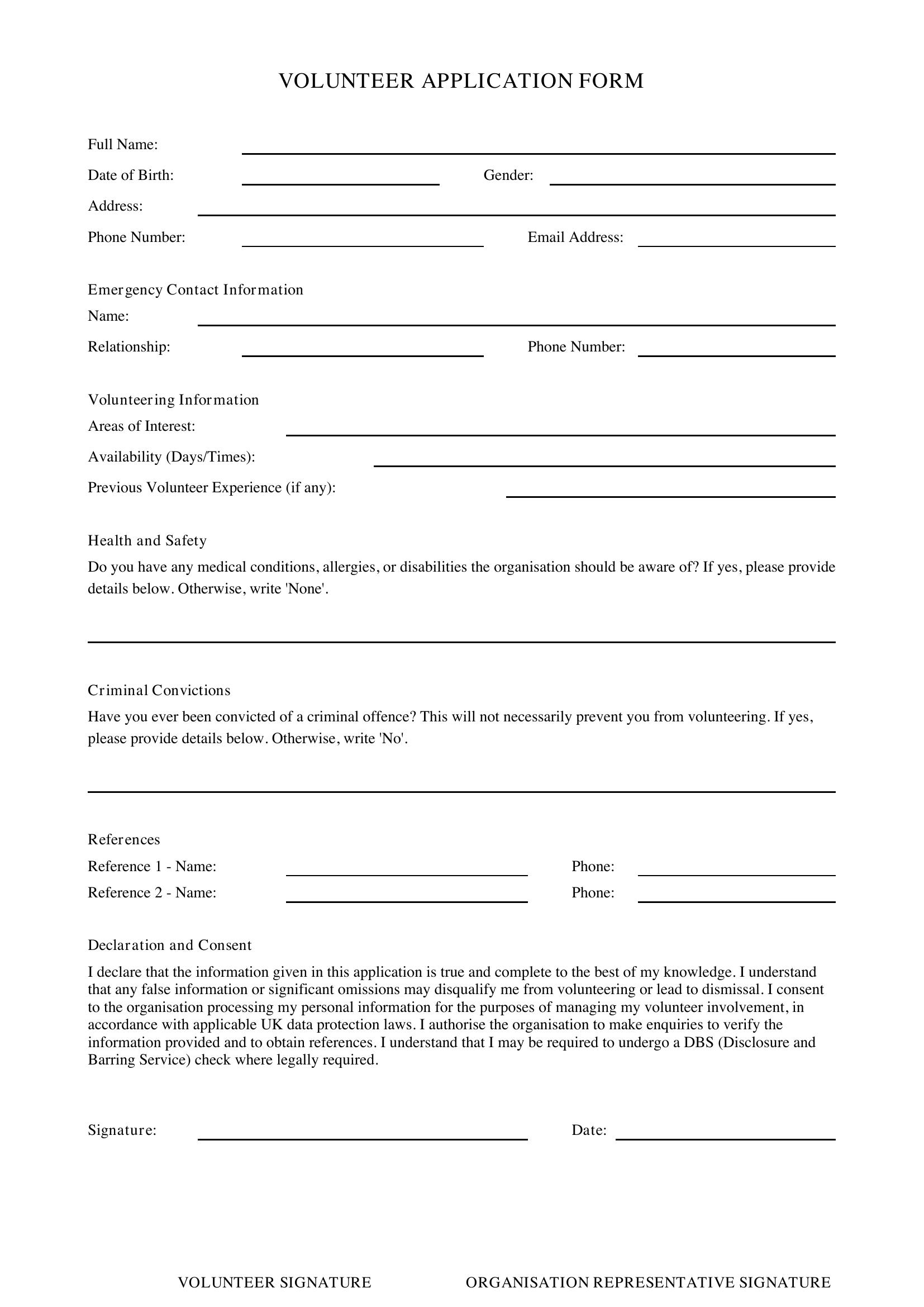 Volunteer Application Form Template - UK