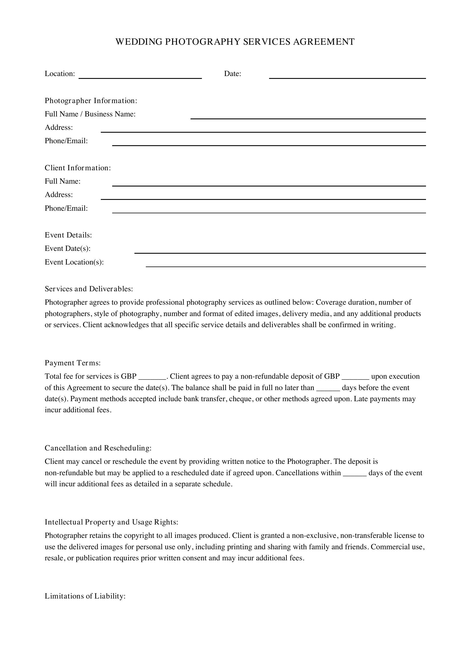 Wedding Photography Contract Template - UK