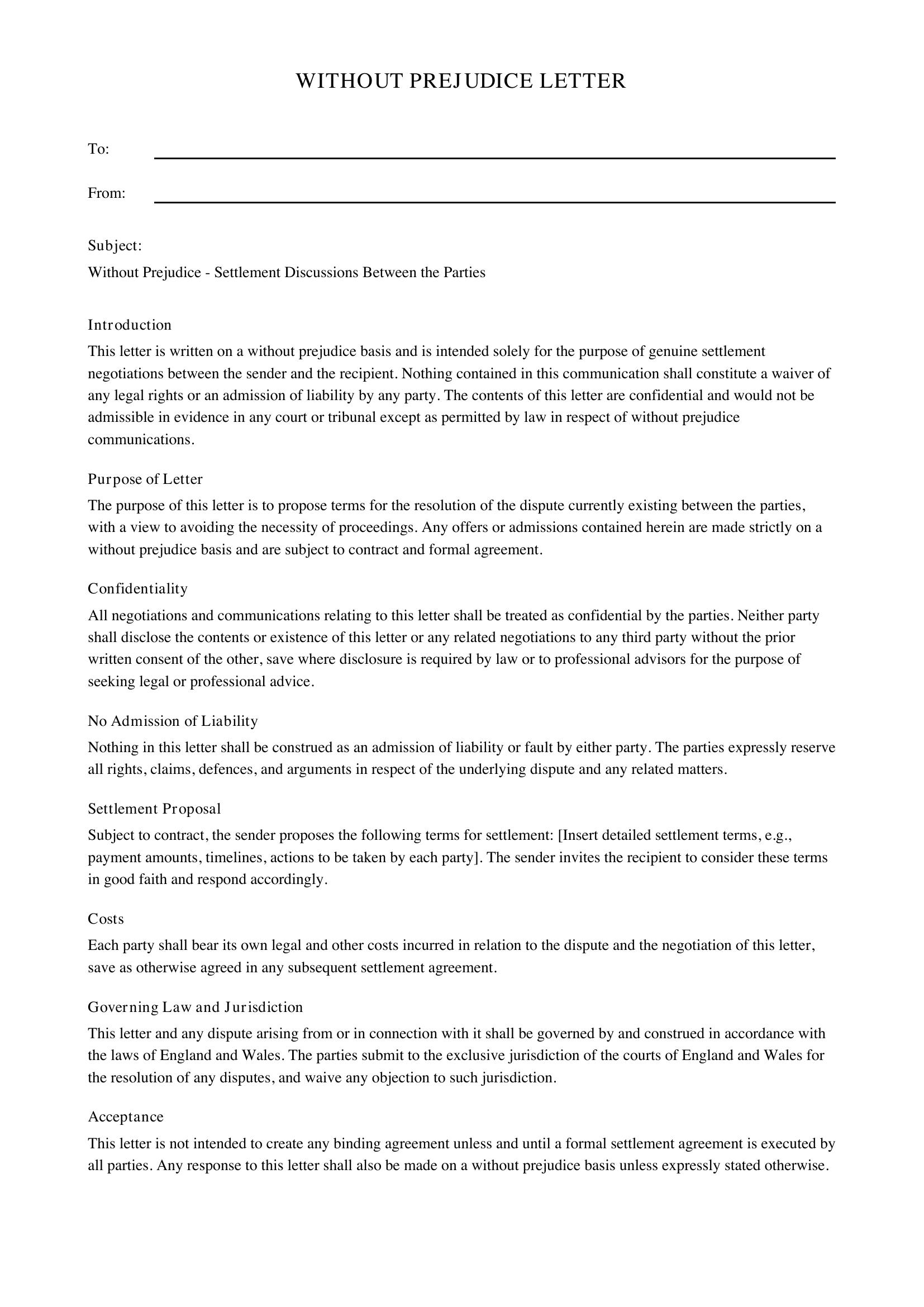 Without Prejudice Letter Template - UK