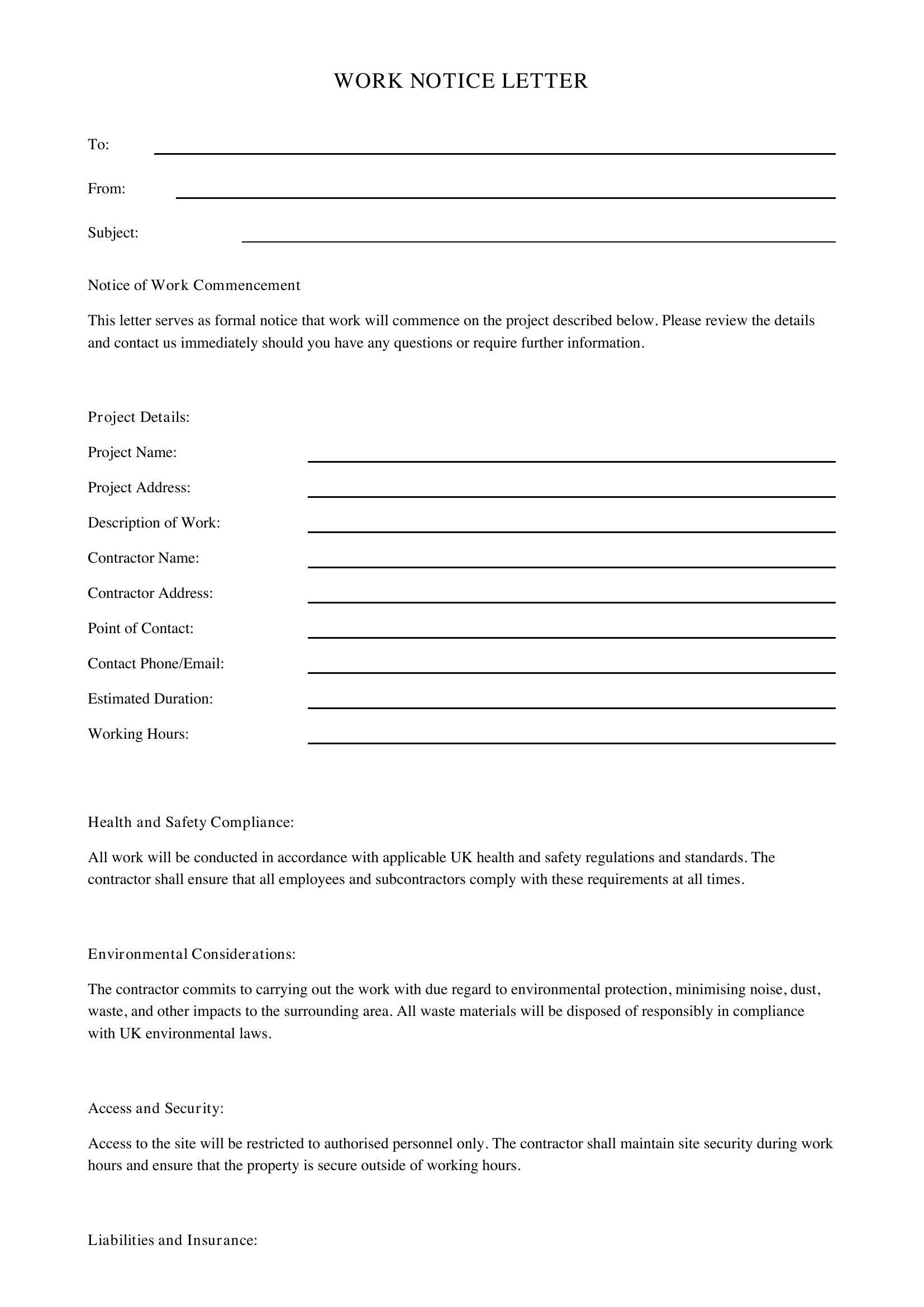 Work Notice Letter Template - UK