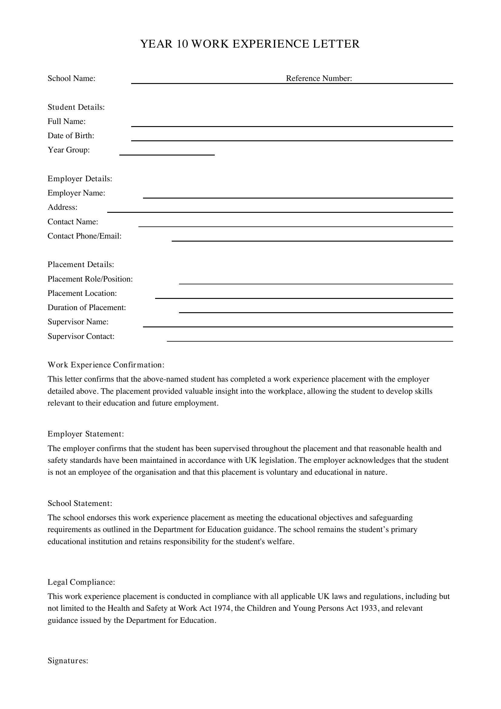 Year 10 Work Experience Letter Template - UK